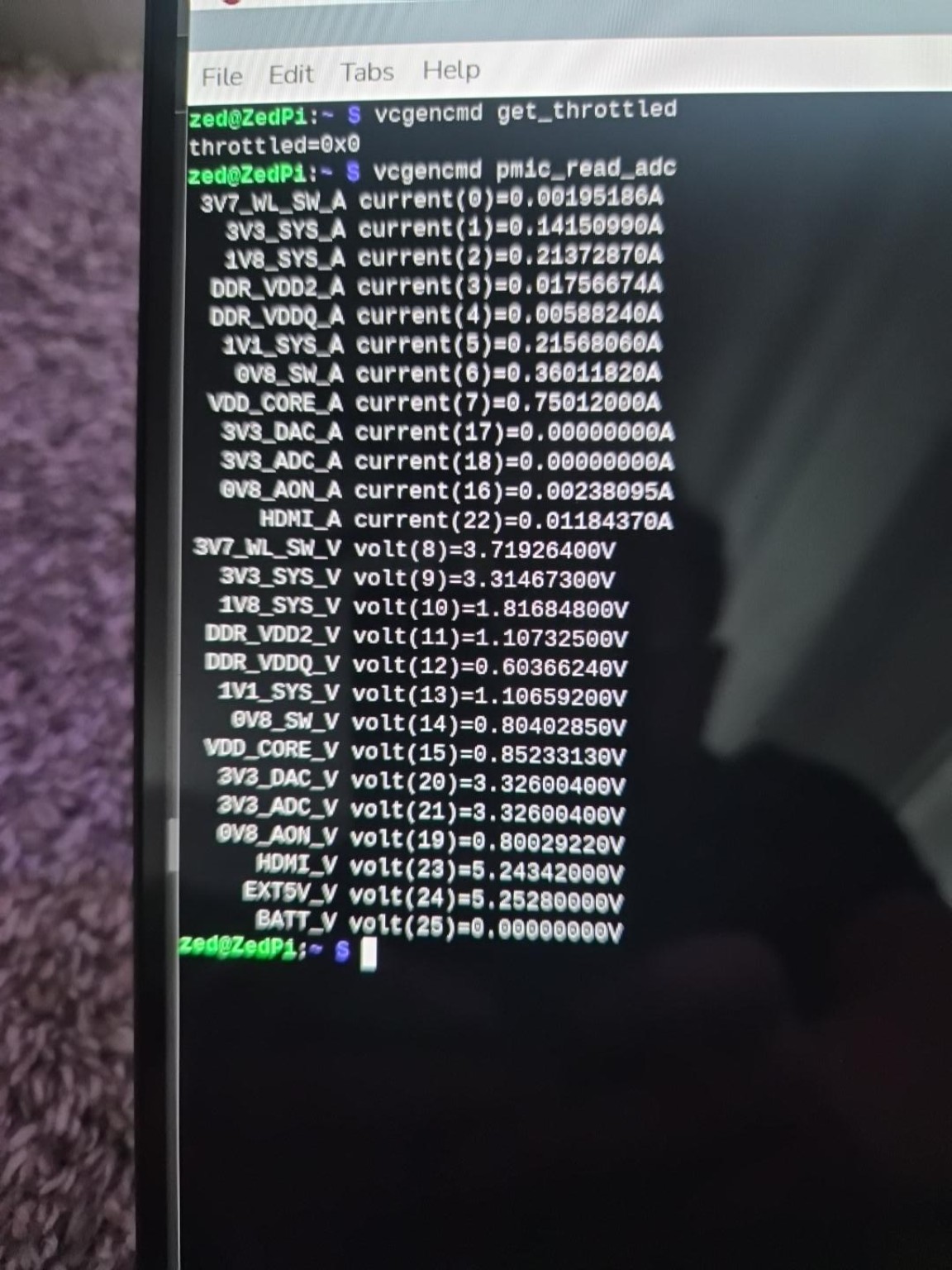 Actual Raspberry Pi power-diagnostic output showing throttled equals zero
